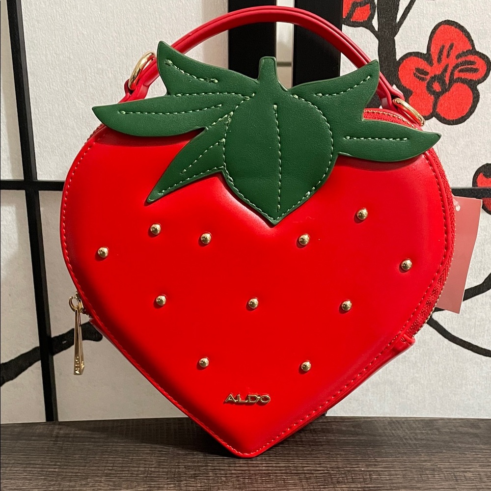 ALDO Red Strawberry Mini Top-Handle Bag with Green Leaf Accent